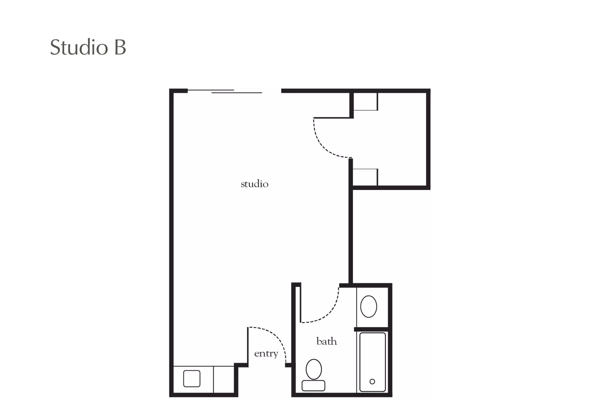 Floor plan labeled Studio B showing a studio apartment layout with an entry area, a combined studio living space, and a bathroom with a toilet, sink, and bathtub.