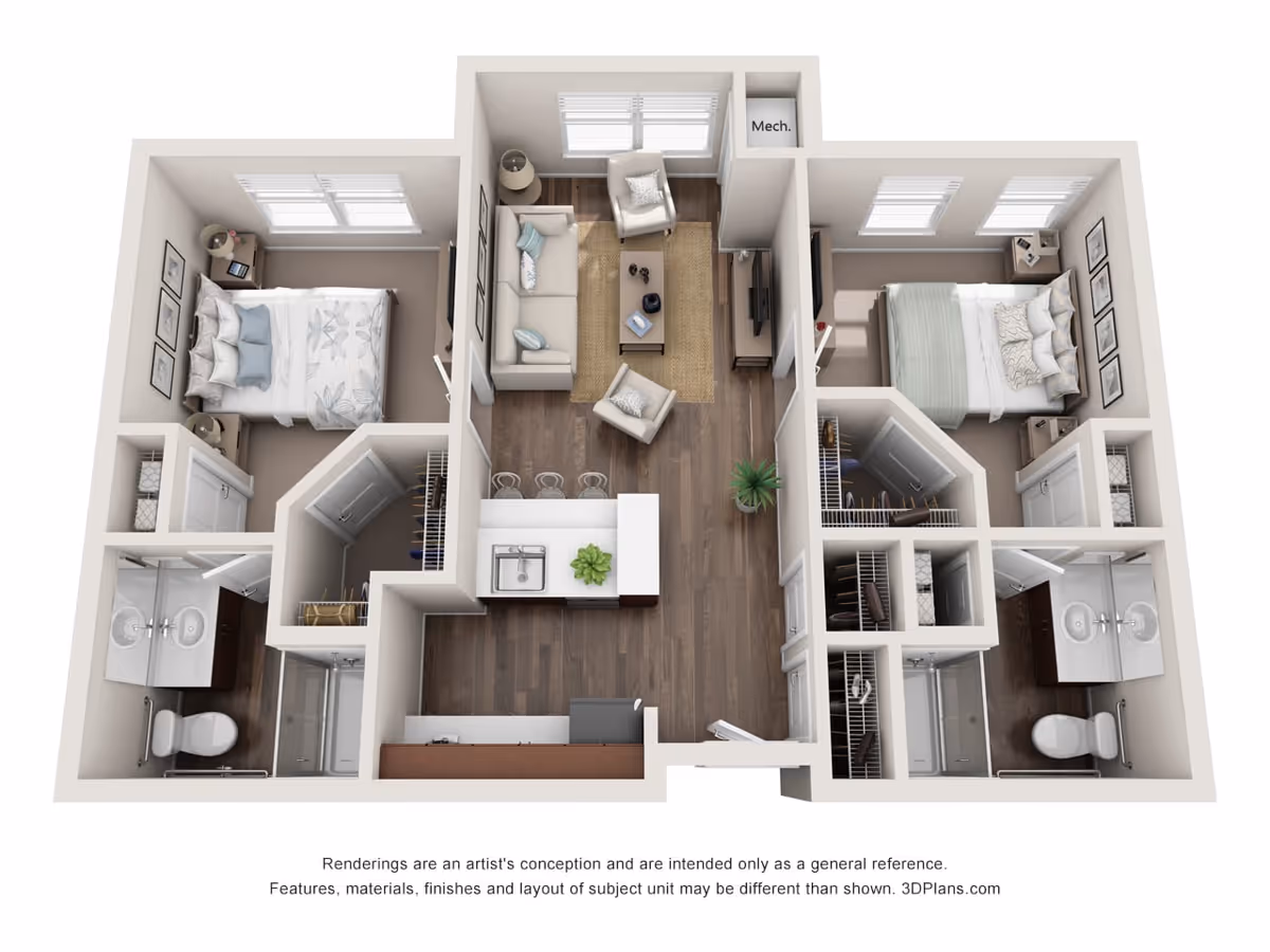 3D floor plan of a two-bedroom apartment featuring two bedrooms with beds and nightstands, two bathrooms with sinks, toilets, and showers, a living room with sofa, chairs, coffee table, and TV, and a kitchen with a sink, counter, and bar stools.