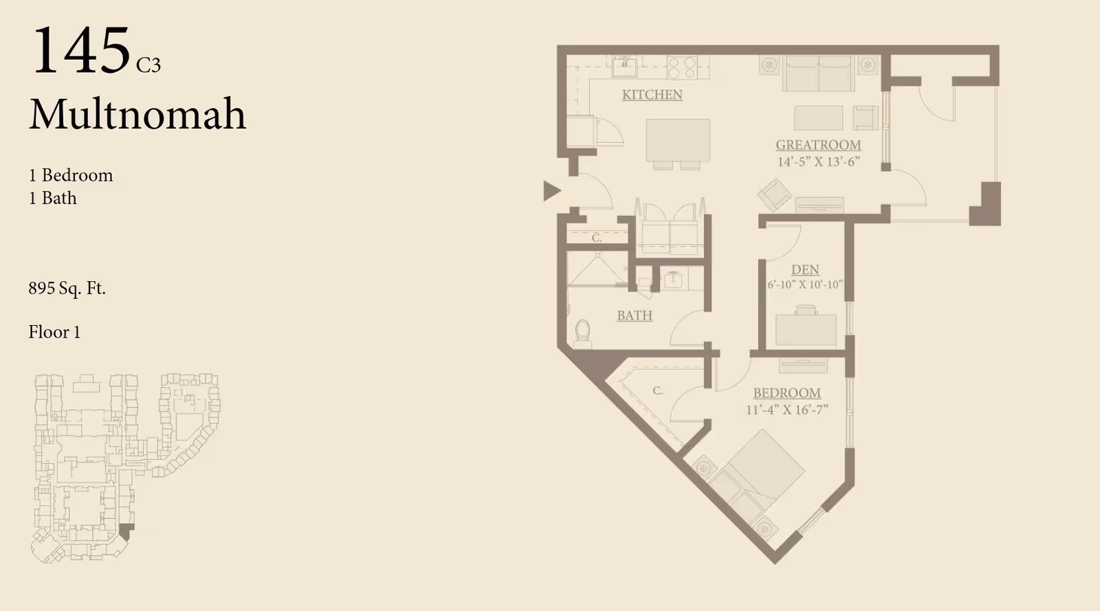 Floor plan of a 1 bedroom, 1 bath apartment named Multnomah at The Springs at Happy Valley, showing kitchen, great room, den, bedroom, and bath with dimensions and layout details.