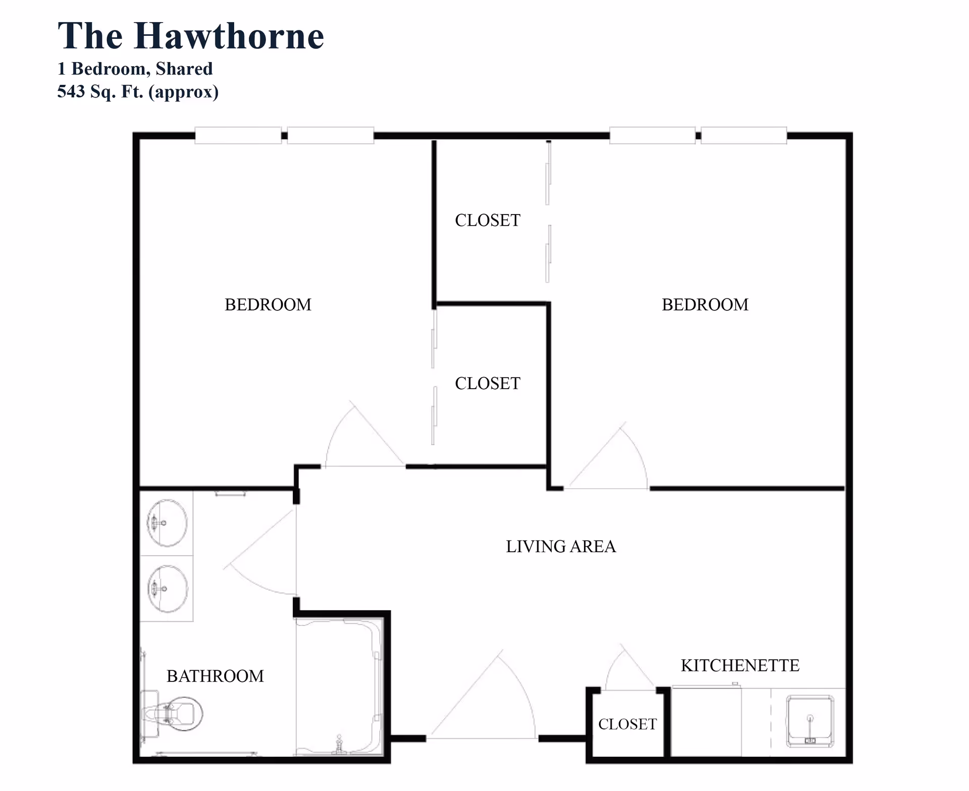 Floor plan titled The Hawthorne showing a 1 bedroom shared apartment with approximately 543 square feet. The layout includes two bedrooms, two closets between the bedrooms, a living area, a bathroom with double sinks, toilet, and bathtub, and a kitchenette with a sink and closet.