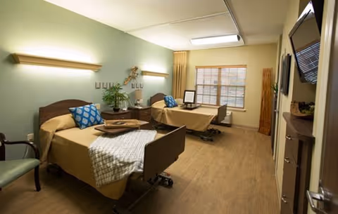A well-lit rehabilitation room with two hospital-style beds, each with a brown bedspread and a blue patterned pillow. There is a small table between the beds with a plant and decorative items. A window with blinds is on the far wall, and the floor is wood. The room has soft green walls and modern lighting fixtures above each bed.