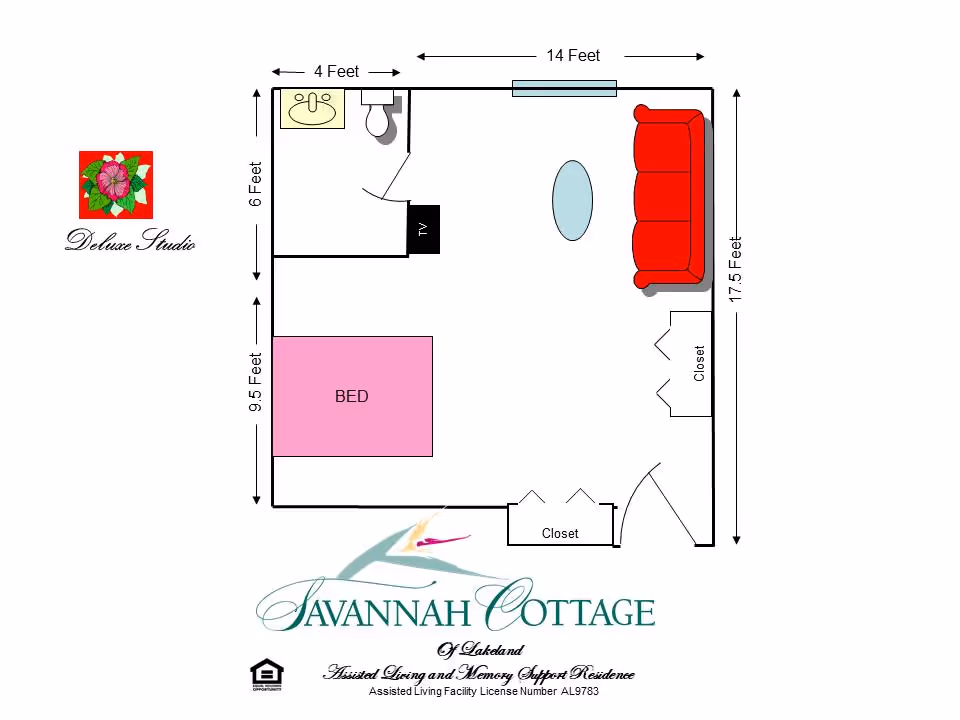 Floor plan diagram of a deluxe studio apartment showing a bed, bathroom, closet, couch, and room dimensions for Savannah Cottage of Lakeland.