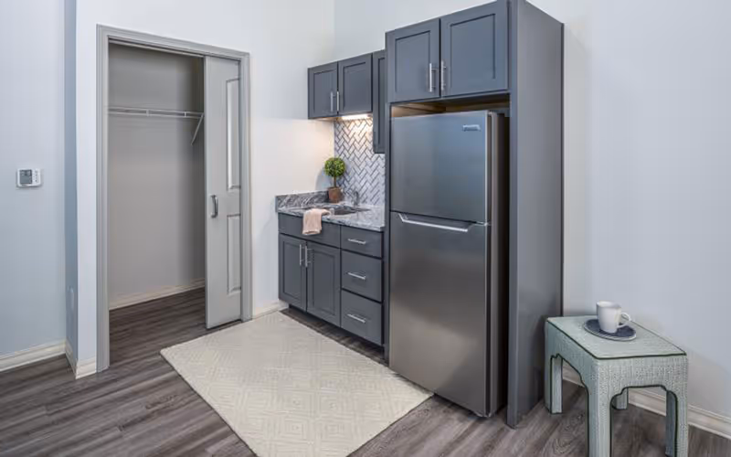 A small kitchen area with gray cabinets, a stainless steel refrigerator, a granite countertop with a sink, and a decorative backsplash. There is a beige rug on the floor and a small green side table with a cup and saucer on it. An open closet with a sliding door is visible to the left.