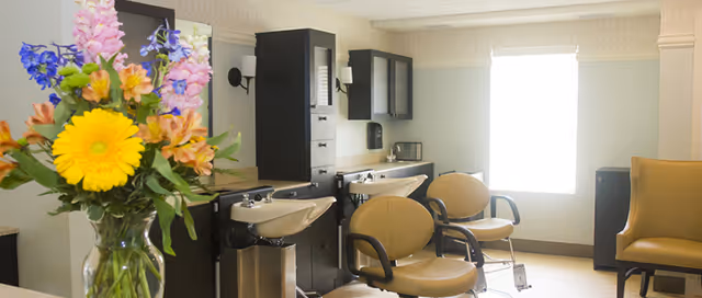 Interior view of a salon area in a senior living facility with two beige salon chairs in front of two white wash basins. There are dark wooden cabinets and a large window letting in natural light. A vase with colorful flowers is visible in the foreground on the left side.