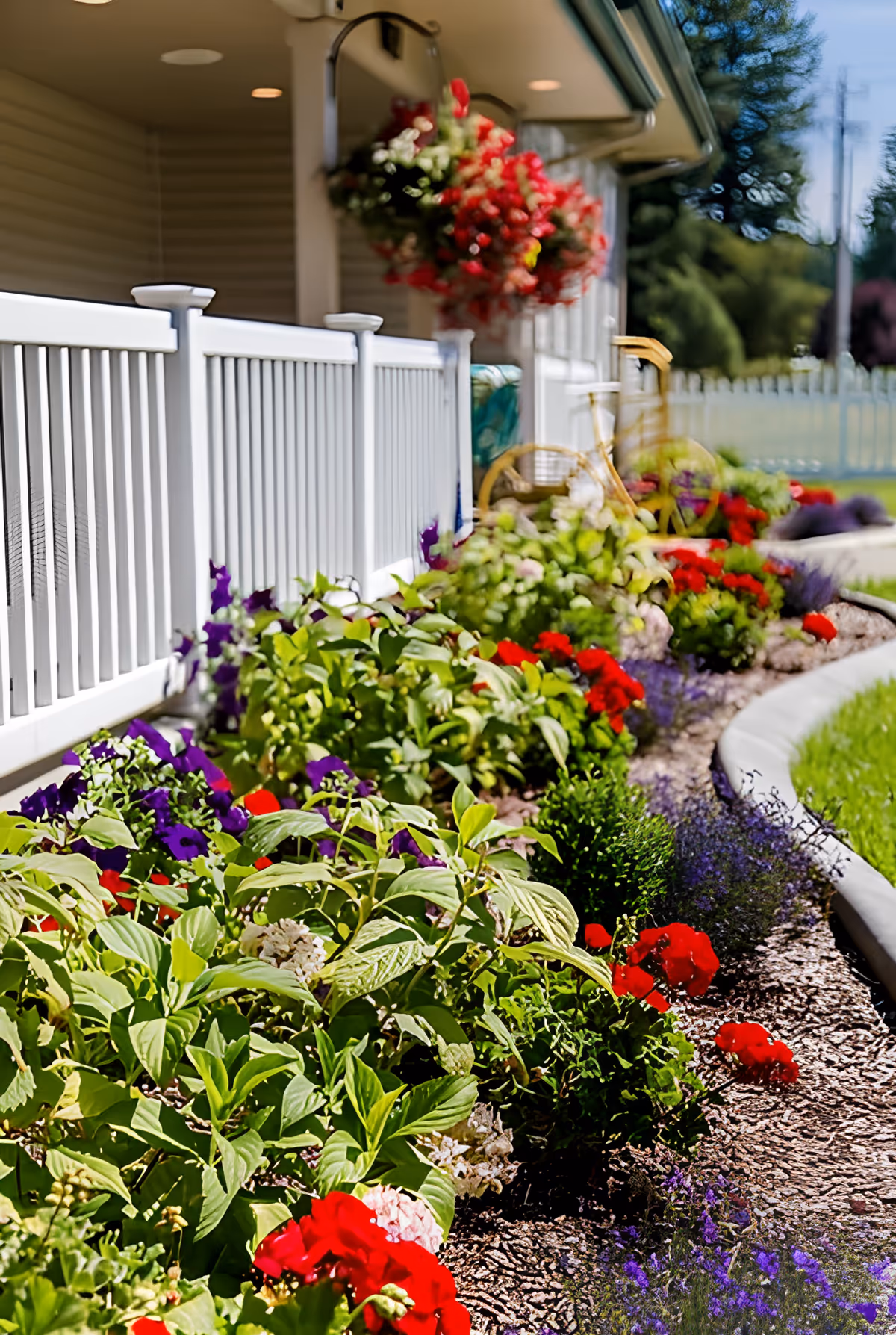A colorful garden bed with various flowers including red, purple, and white blooms along a curved concrete border next to a white picket fence. A hanging basket with red flowers is attached to the building, and a decorative yellow bicycle planter is visible in the background. The scene is outdoors with green grass and trees in the distance.