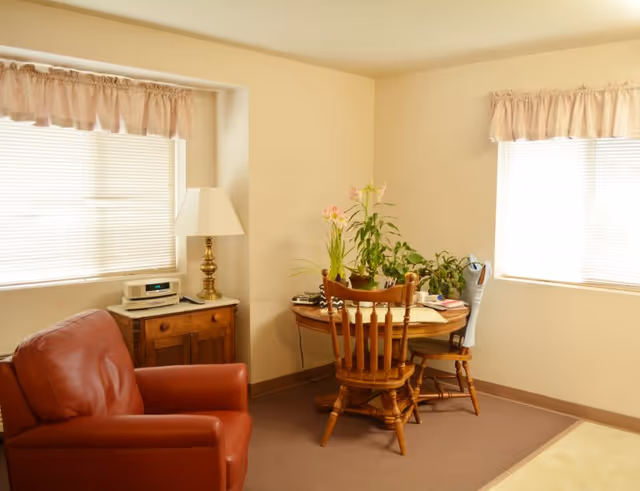 A cozy corner of a living space with a red leather armchair, a wooden side table with a lamp and a radio, and a round wooden table with two wooden chairs. The table has several potted plants and some papers on it. Two windows with blinds and beige valances allow natural light into the room.