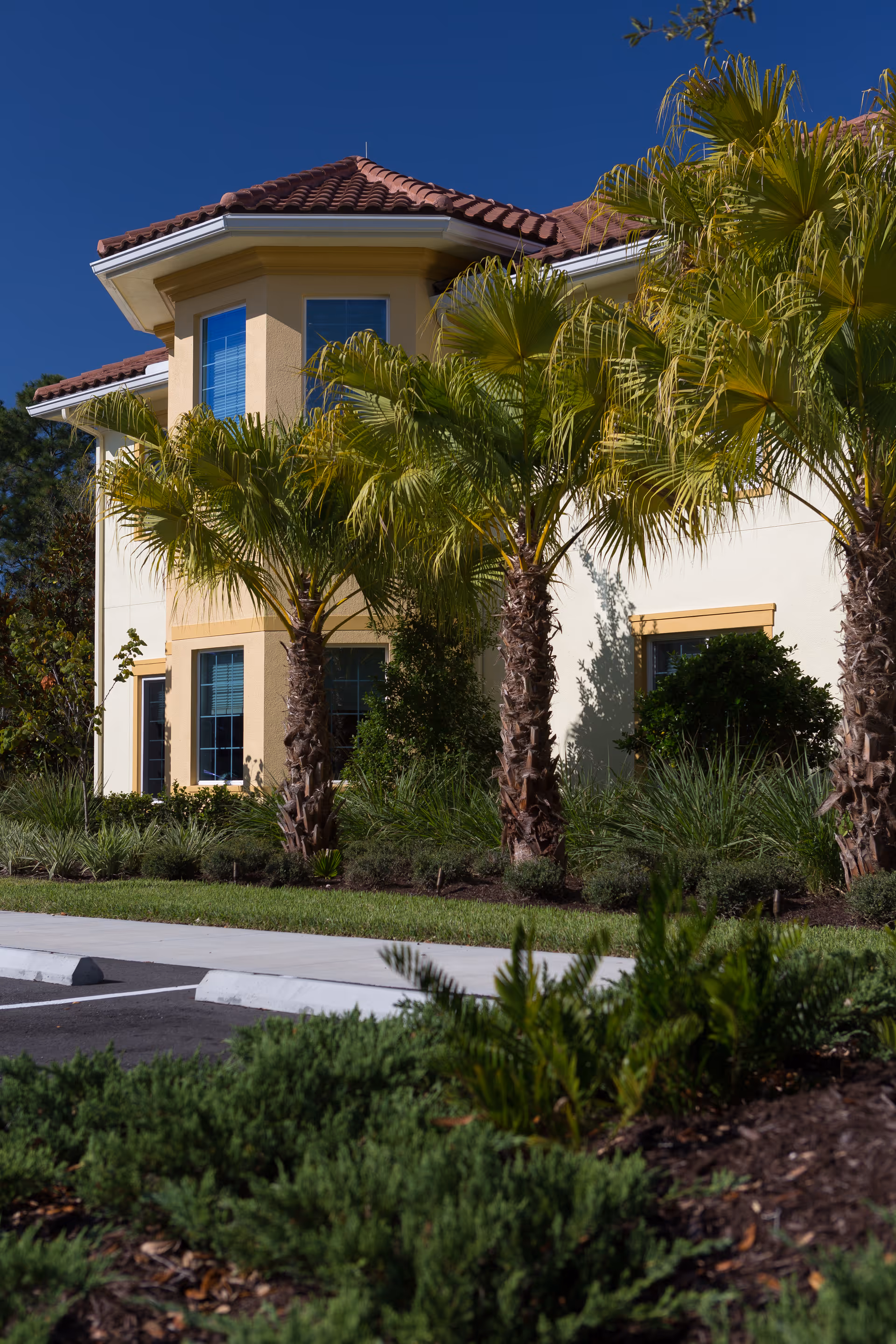 Front exterior of a light-yellow two-story building with a red tile roof, palm trees, and landscaped grounds under a clear blue sky.