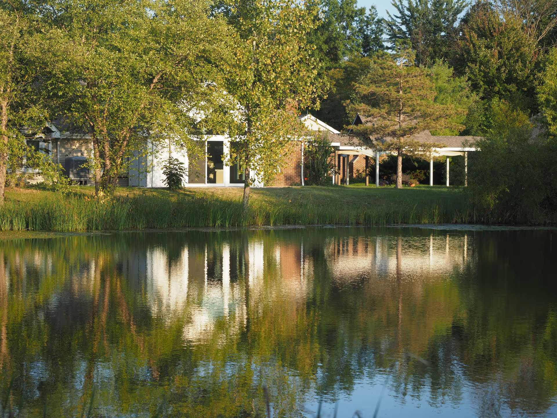 A serene outdoor scene at Kendal at Oberlin featuring a calm pond reflecting nearby trees and a building partially visible through the greenery on a sunny day.