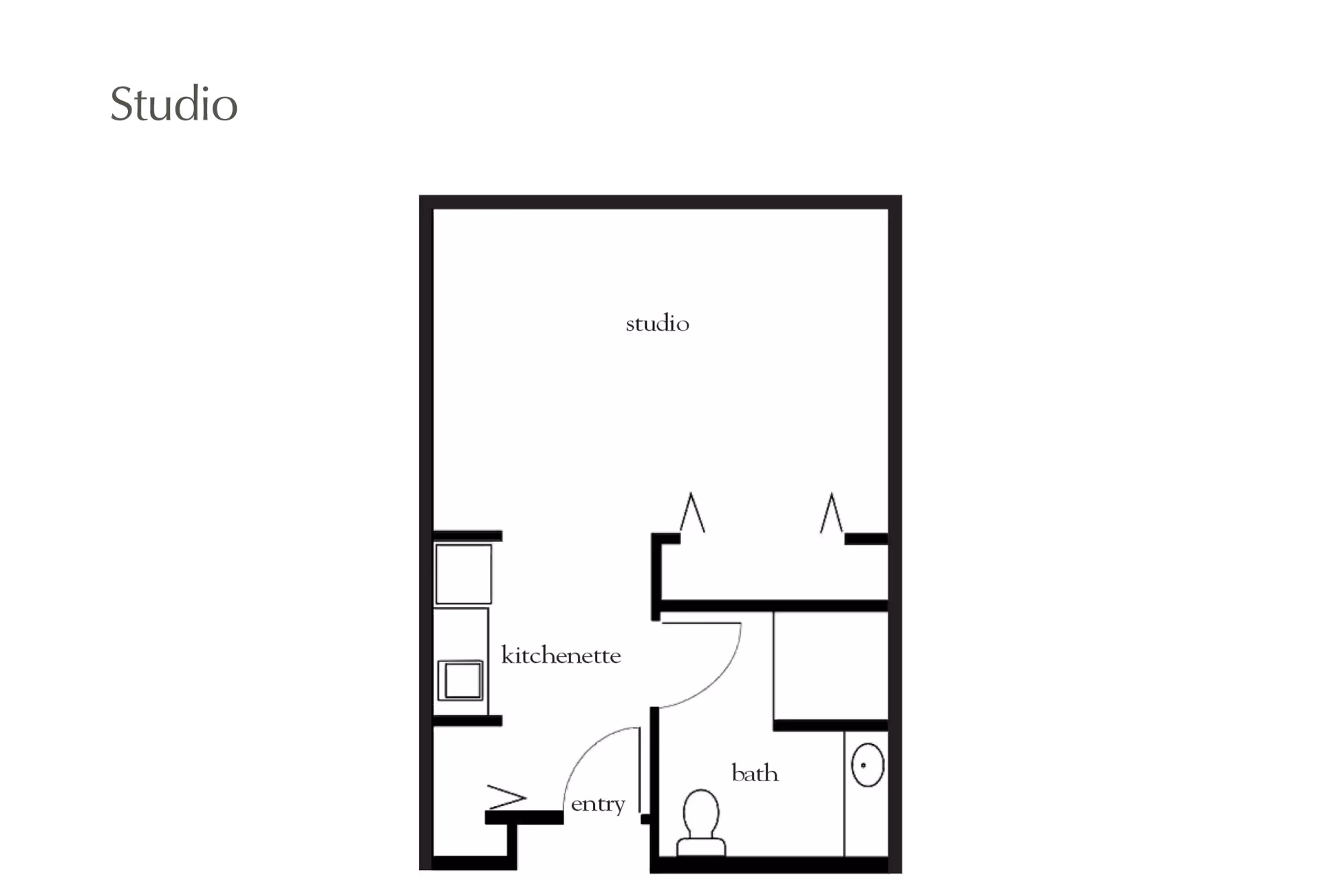 Floor plan of a studio apartment at Atria Grand Oaks showing an entry area leading to a kitchenette on the left, a bathroom on the right, and a main studio living space.