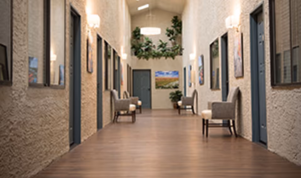 A well-lit hallway with textured beige walls and wooden flooring. The hallway features several blue doors on both sides, each accompanied by a cushioned chair and framed artwork. There are wall-mounted lights evenly spaced along the corridor, and green plants are visible at the far end near a closed door.