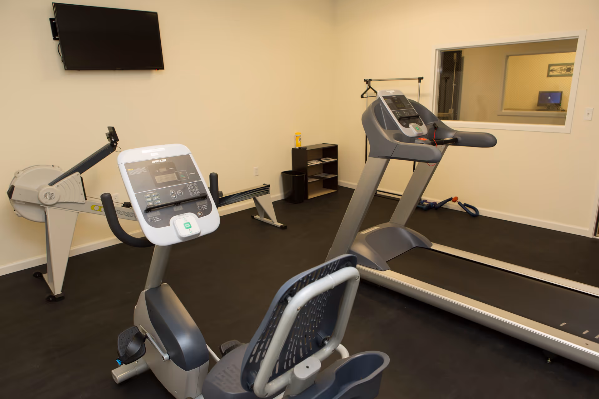 Fitness room with a treadmill, stationary recumbent bike, rowing machine, wall-mounted TV, and a small shelving unit.