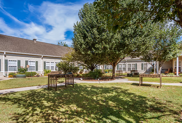 Outdoor courtyard area at The Neighborhood at Madison with green grass, several trees providing shade, wooden benches, and a building with multiple windows and green shutters surrounding the courtyard under a partly cloudy blue sky.