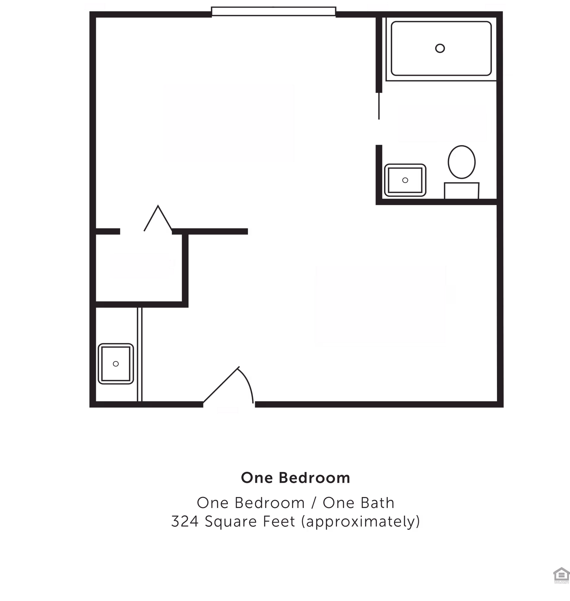 Black-and-white floor plan of a one-bedroom, one-bath apartment showing room layouts and fixtures (about 324 sq ft).