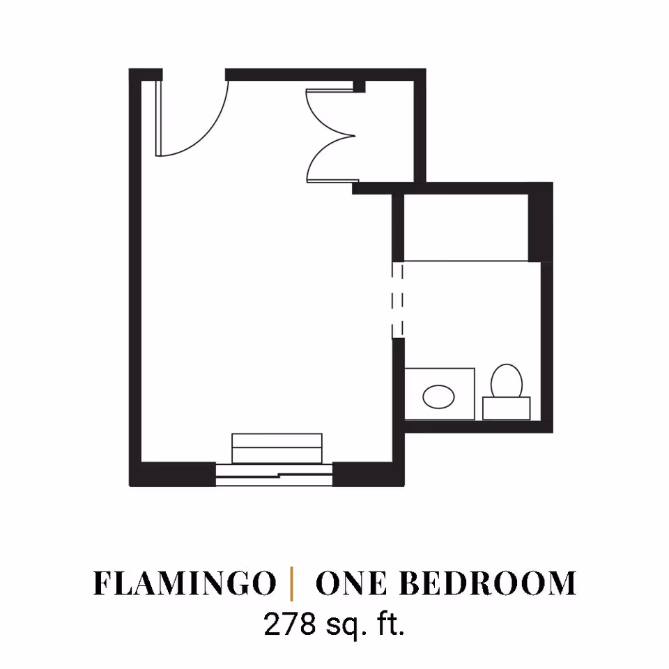 Floor plan layout of a one-bedroom unit named Flamingo, measuring 278 square feet, showing the main room and a bathroom with a sink and toilet.