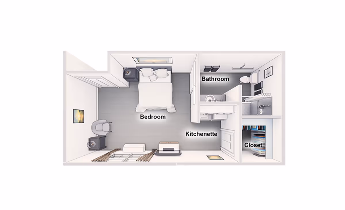 Top-down floor plan of a senior living unit showing a bedroom with a bed, nightstands, and a chair; a kitchenette area with a sink and counter; a bathroom with a toilet, sink, and shower; and a closet with hanging clothes and shelves.