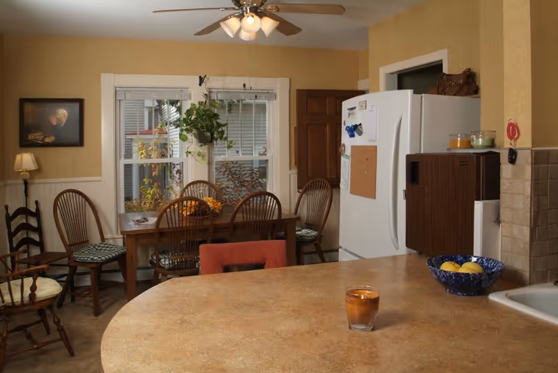 A cozy kitchen and dining area with a wooden dining table surrounded by chairs, a white refrigerator, a small microwave, and a countertop with a candle and a bowl of lemons. There is a ceiling fan with lights above, a window with a hanging plant, and a framed picture on the wall.