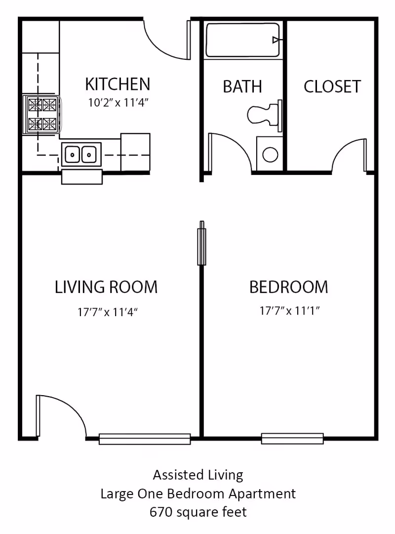 Floor plan of a large one-bedroom assisted living apartment with a kitchen, bath, closet, living room, and bedroom. The kitchen measures 10'2" by 11'4", the living room is 17'7" by 11'4", and the bedroom is 17'7" by 11'1". The total area is 670 square feet.