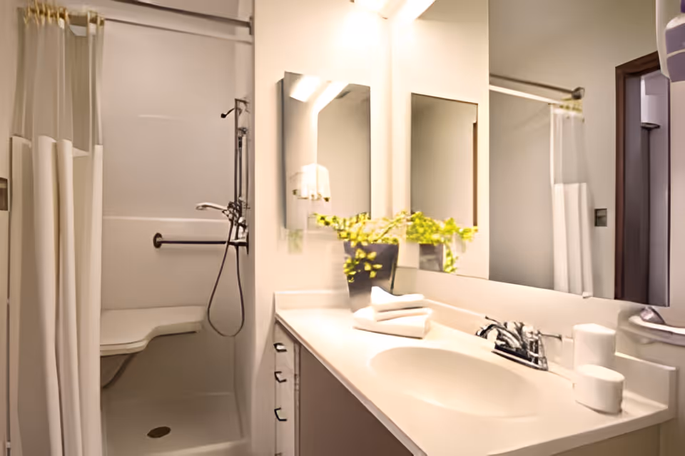 A clean and bright bathroom featuring a white countertop with a sink, a faucet, a small plant, and folded towels. There is a large mirror above the sink and a walk-in shower with a built-in seat and a handheld showerhead, separated by a shower curtain.