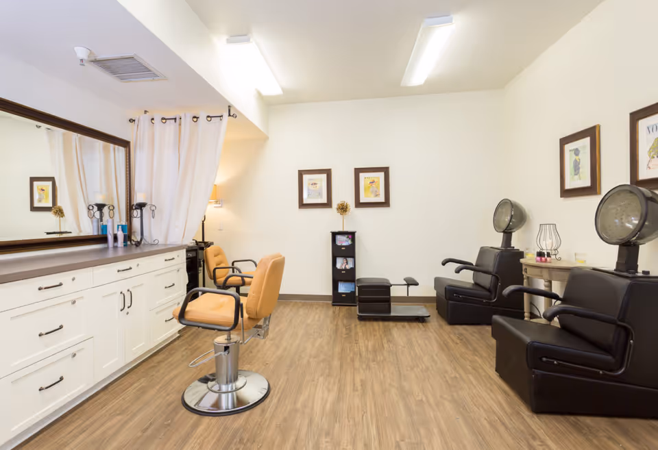 Bright salon room with styling chairs, hooded hairdryers, a large mirror and cabinetry on a wood floor.