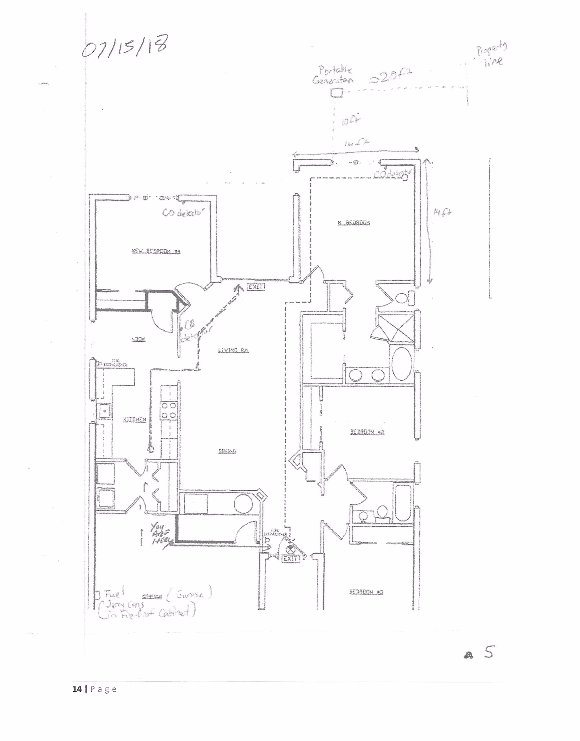 Architectural floor plan sketch dated 07/15/18 showing layout of a residential space with labeled rooms including new bedroom #4, living room, dining area, kitchen, master bedroom, bedroom #2, bedroom #3, and bathrooms. The plan includes measurements, exit points, and notes about CO detectors and a portable generator location.