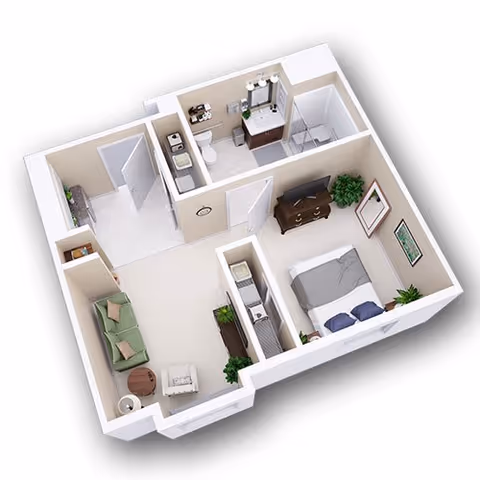 3D rendered floor plan of a one-bedroom apartment showing a living room, bedroom, bathroom, and small entry/kitchenette area.