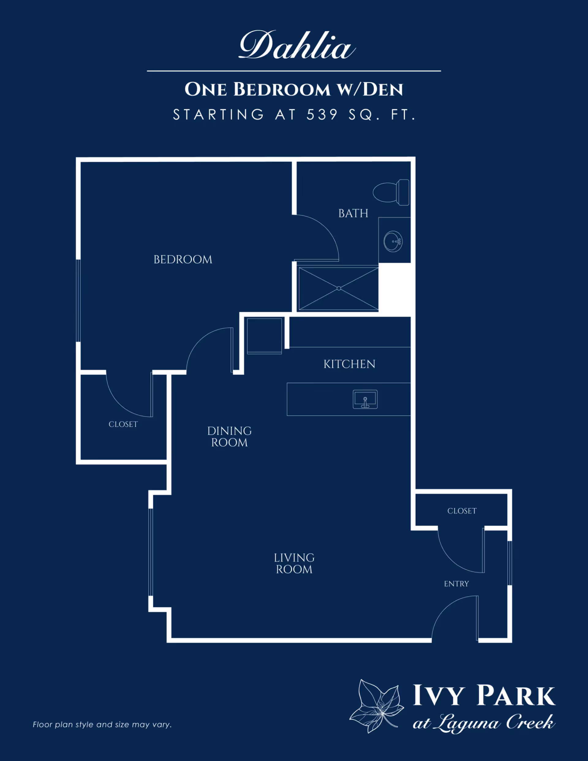 Floor plan for Dahlia, a one bedroom with den apartment starting at 539 square feet at Ivy Park at Laguna Creek. The layout includes a bedroom with closet, a bathroom, a kitchen, a dining room, a living room, an entry with closet, and a den area.