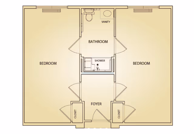 Architectural floor plan showing a layout with two bedrooms on either side, a central bathroom with vanity and shower, a foyer area, and closets adjacent to the foyer.