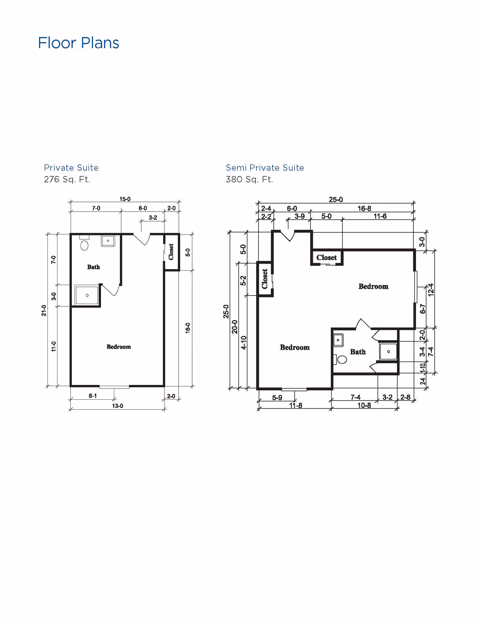 Floor plans for Brookdale Penn Hills showing two types of suites: a Private Suite of 276 square feet with a bedroom, bath, and closet, and a Semi Private Suite of 380 square feet with two bedrooms, a bath, and closets. Dimensions are marked for each room and overall layout.