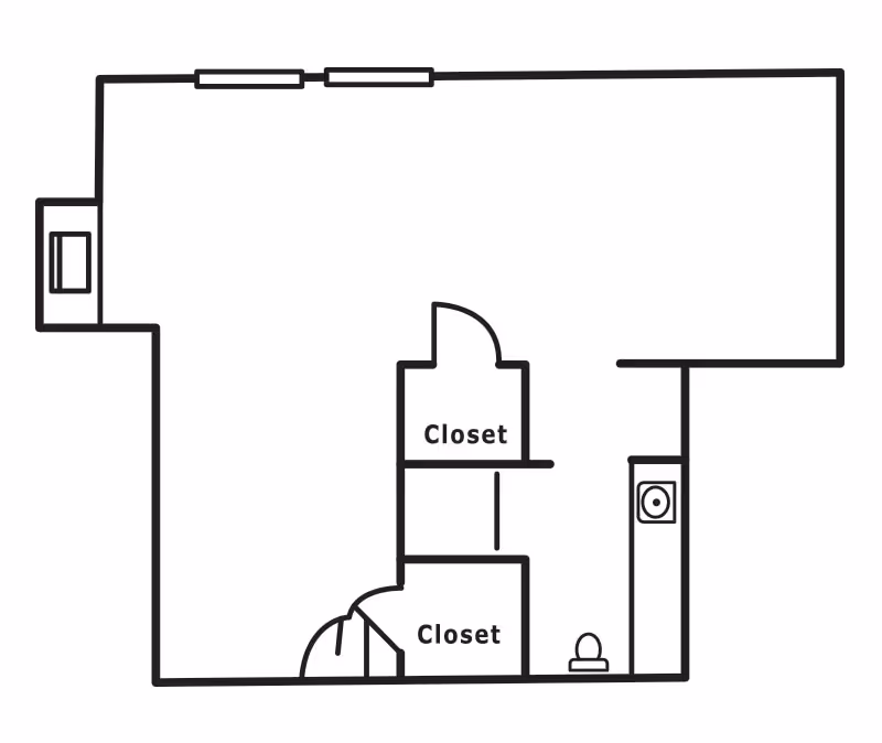 Black and white architectural floor plan showing a layout with two closets, a toilet, and a sink area.