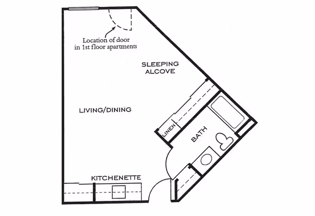Black and white floor plan of a small apartment unit at Ashwood Place showing a kitchenette, living/dining area, sleeping alcove, linen closet, and a bathroom with a bathtub, toilet, and sink.