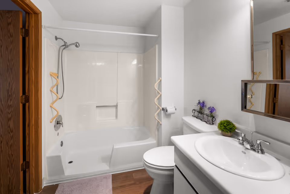 A clean and accessible bathroom featuring a white bathtub with built-in grab bars, a showerhead, a toilet, and a white sink with a faucet. There is a small green plant and a decorative holder with purple flowers on the toilet tank. The bathroom has wooden door frames and a large mirror above the sink.