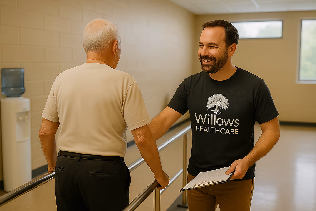 A healthcare worker wearing a black 'Willows Healthcare' t-shirt is smiling and assisting an elderly man who is using parallel bars for walking support in a well-lit hallway.