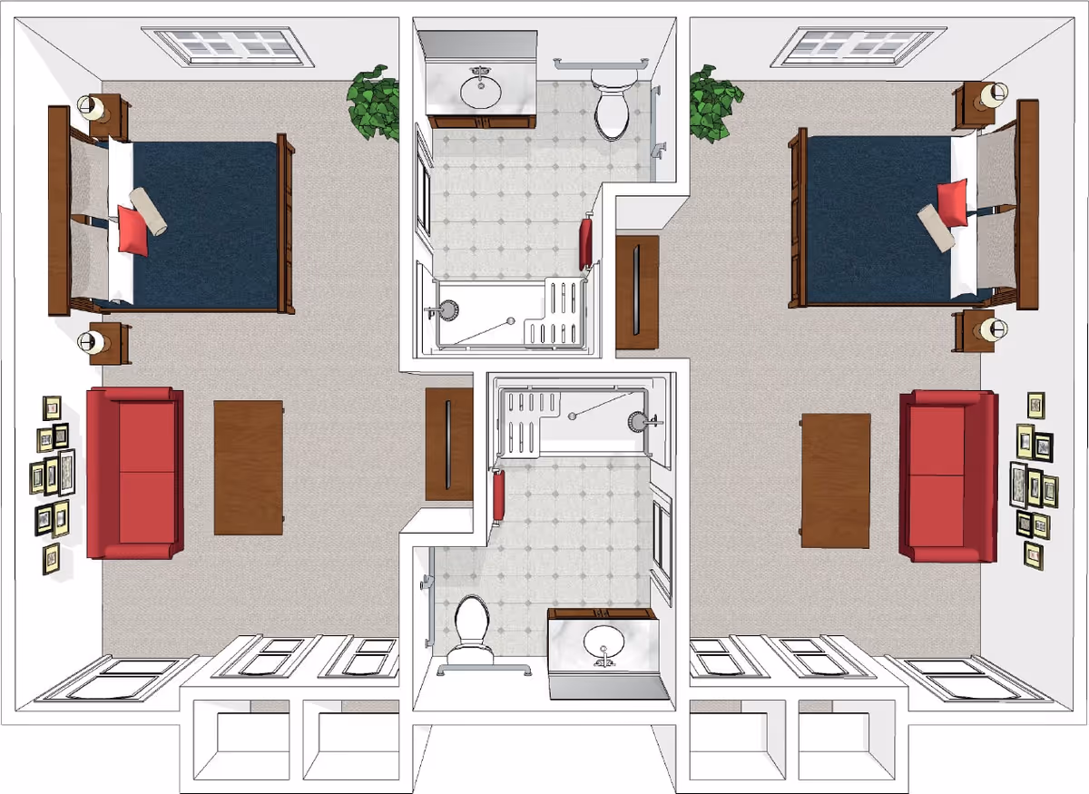 Top-down floor plan of a senior living facility unit with two bedrooms, each containing a bed, nightstands, a red couch, a coffee table, and wall decorations. There are two bathrooms in the center, each with a toilet, sink, and shower. The bedrooms have windows and plants near the beds.