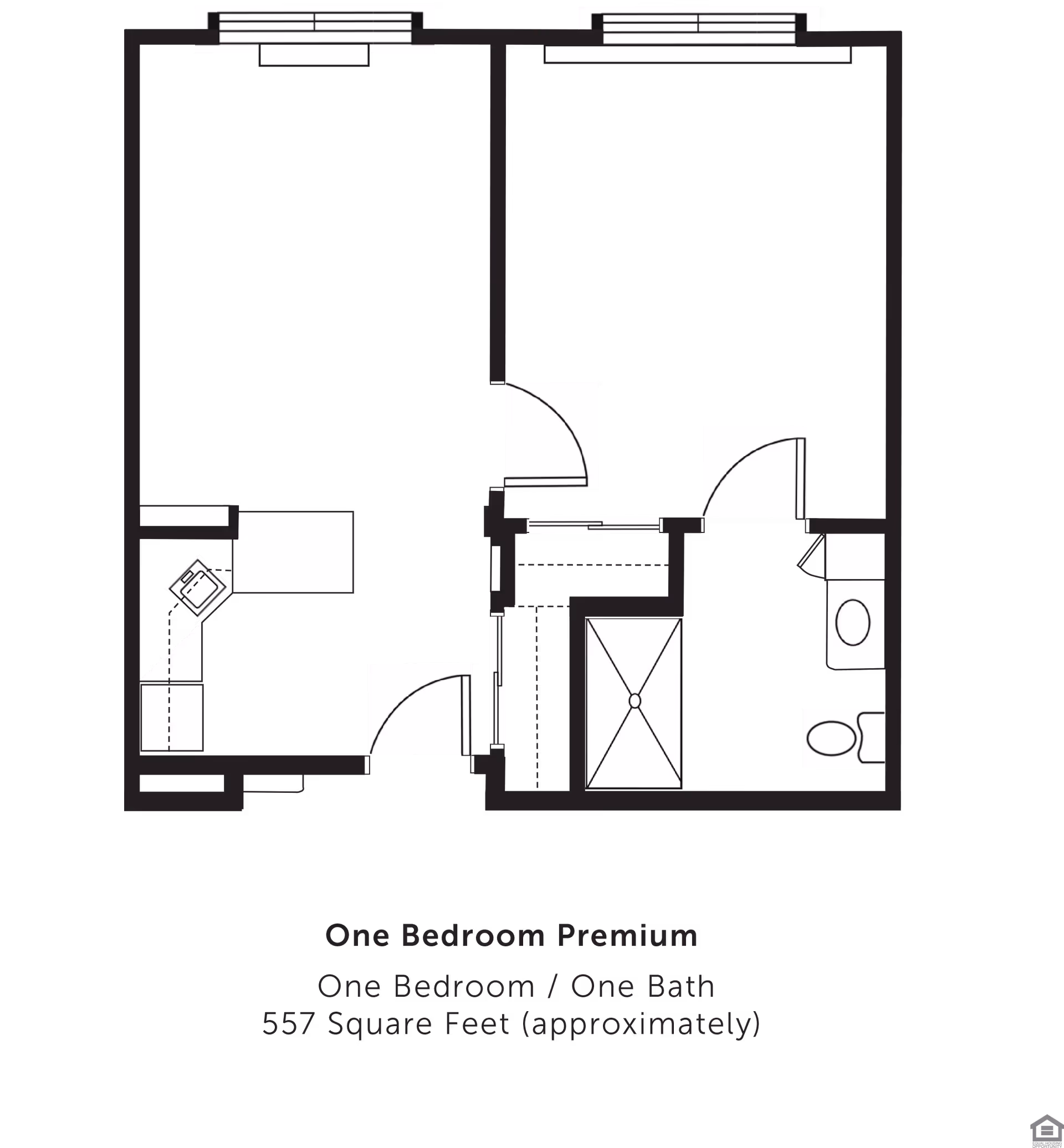 Floor plan of a one bedroom premium apartment at Rolling Meadows Senior Living, showing one bedroom, one bathroom, a kitchen area, and a living space, totaling approximately 557 square feet.