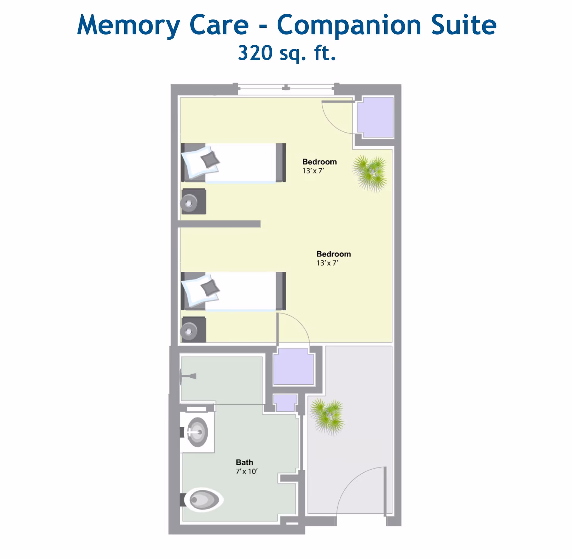 Top-down floor plan of a 320 sq. ft. memory care companion suite showing two bedrooms, a bathroom, and an entry area.