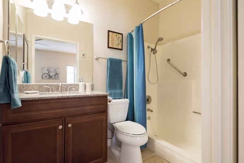 A clean bathroom with a wooden vanity cabinet topped with a granite countertop, a large mirror above the sink, a toilet next to the vanity, and a bathtub with a blue shower curtain and a grab bar on the wall.