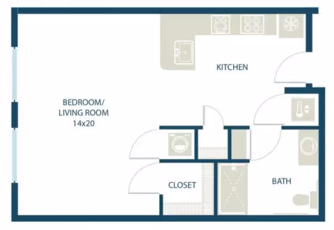Simple floor plan of a studio apartment showing a 14x20 bedroom/living room, kitchen, bathroom, closet, and laundry area.