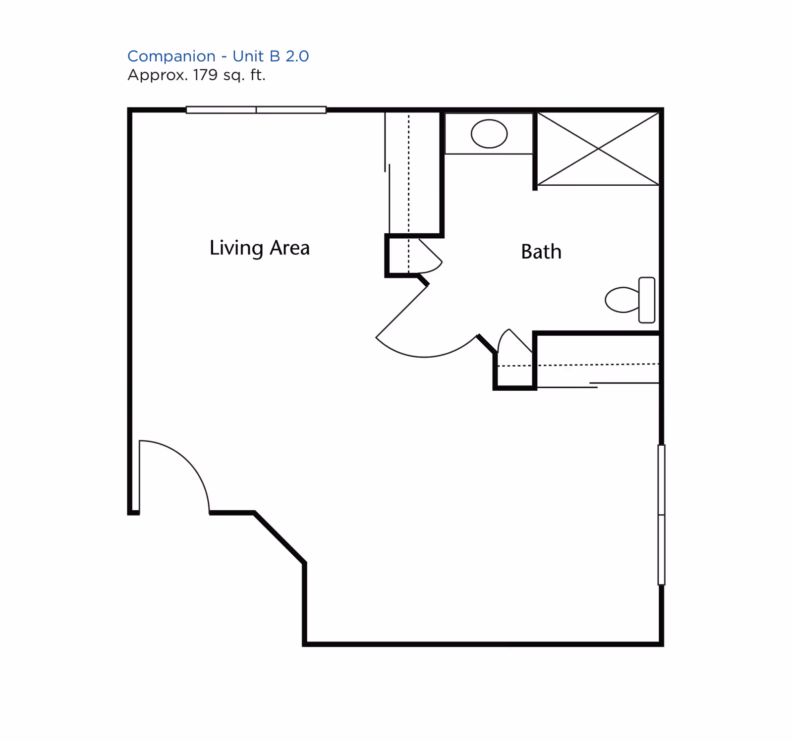 Floor plan of Companion Unit B 2.0 at Brookdale DeLand, approximately 179 square feet, showing a living area and a bathroom with a toilet, sink, and shower.