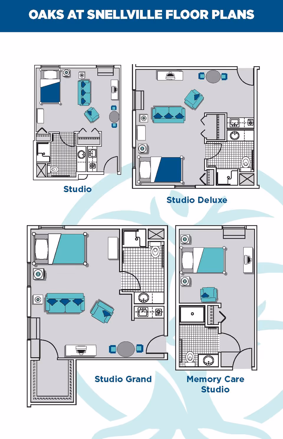Floor plans for Oaks at Snellville showing four types of studio apartments: Studio, Studio Deluxe, Studio Grand, and Memory Care Studio. Each plan includes a bedroom area with a bed, living space with seating, a bathroom, and a kitchenette or kitchen area.