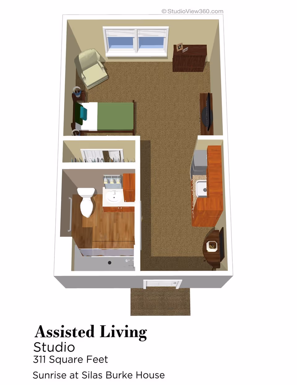 3D floor plan of a 311 square feet assisted living studio apartment at Sunrise at Silas Burke House, showing a combined living and sleeping area with a bed, armchair, dresser, TV, kitchenette with sink and cabinets, and a separate bathroom with toilet, sink, and shower.