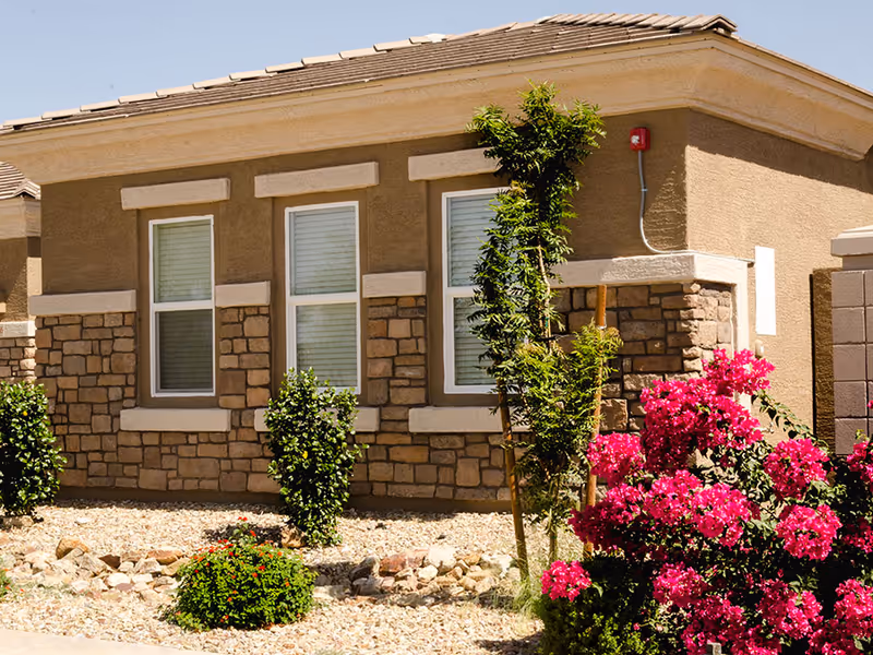 Exterior front of a single-story building with three windows, stone siding, and landscaped bushes and pink flowering shrubs.