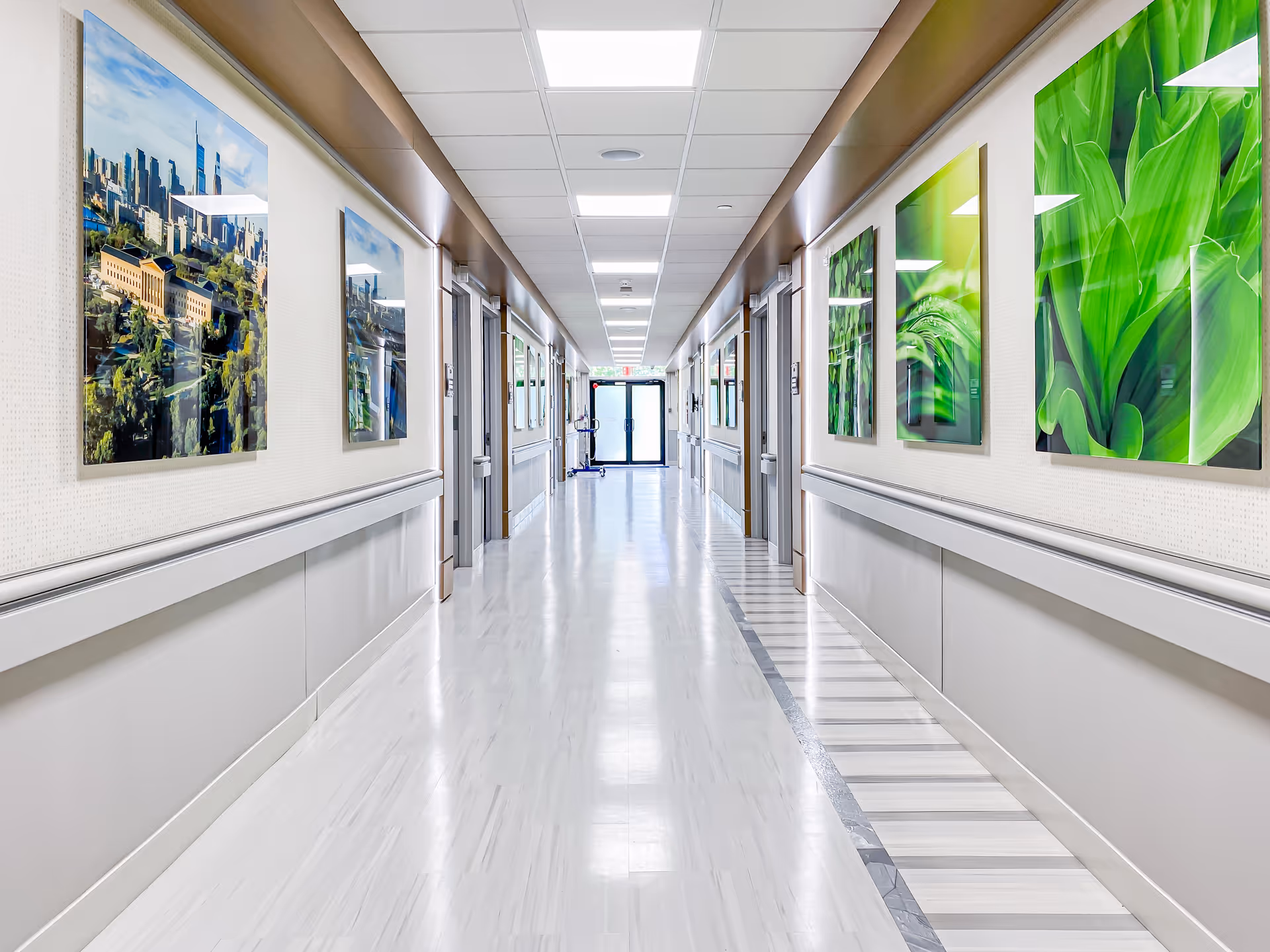 A bright, clean hallway in a senior living facility with white floors and walls. The hallway is lined with doors on both sides and decorated with framed artwork featuring cityscapes and green foliage. The ceiling has recessed lighting panels, and there is a door with glass panels at the far end.