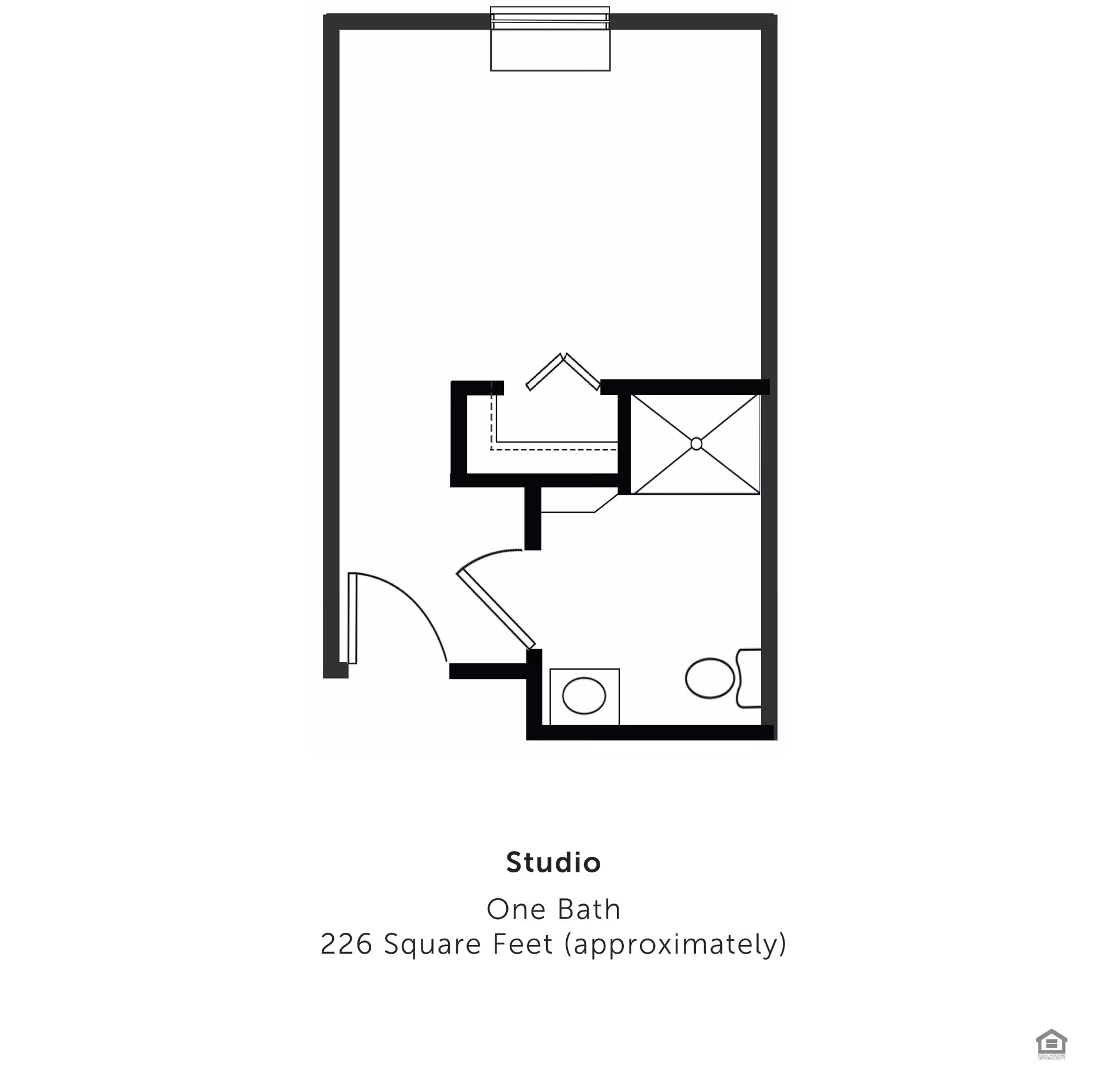 Architectural floor plan of a studio apartment with one bathroom, approximately 226 square feet. The layout shows an entrance door, a bathroom with a toilet and sink, a closet, and a main living area with a window.