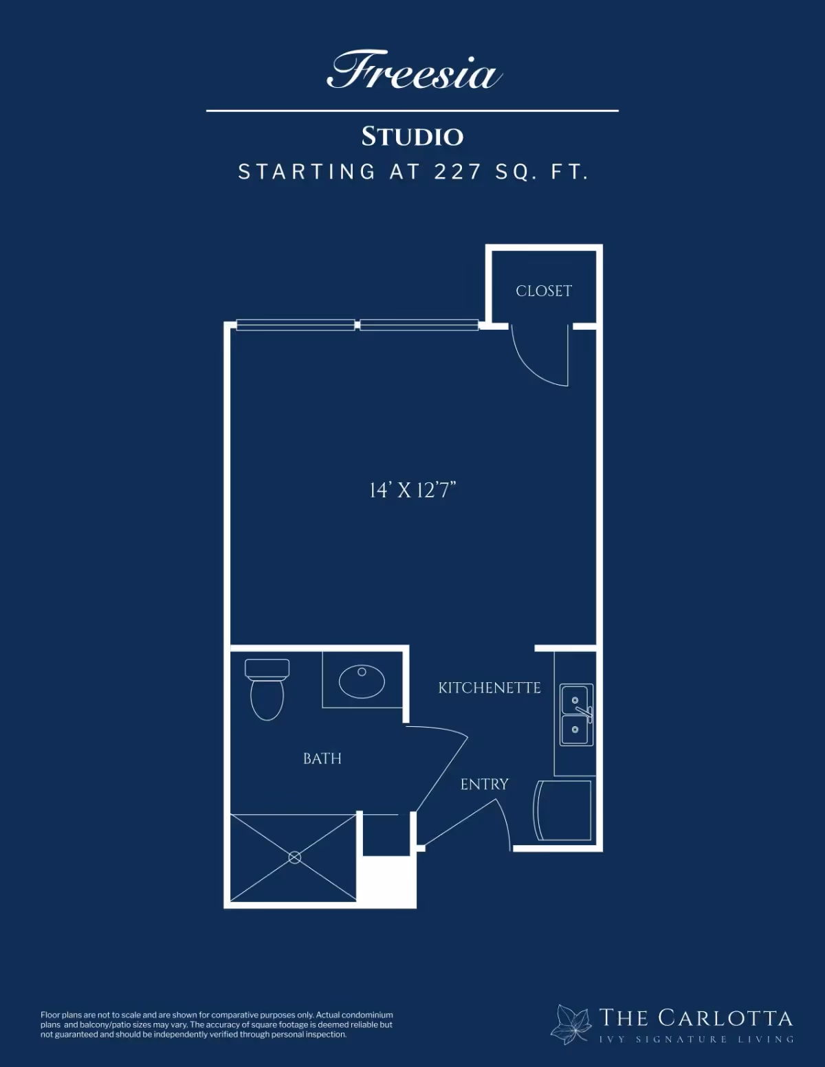 Blueprint-style floor plan of the 'Freesia' studio showing a 14' x 12'7" main room, kitchenette, bathroom, entry, and closet.