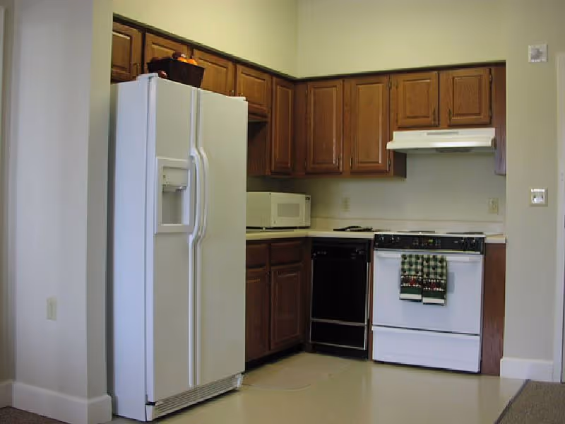 Compact kitchen with wooden cabinets, a white side-by-side refrigerator, microwave, dishwasher, and a white stove with a range hood.