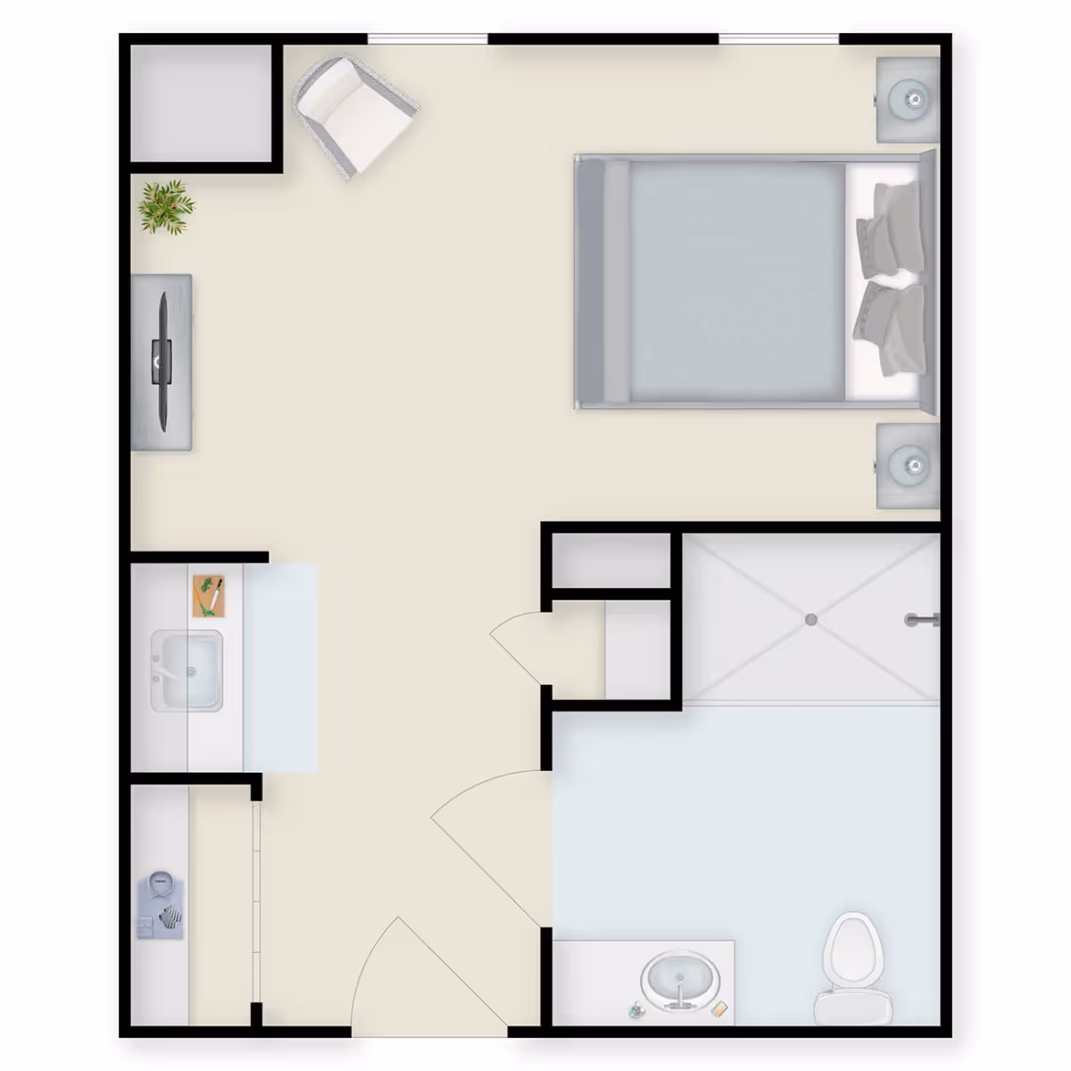Floor plan of a senior living unit featuring a bedroom with a bed and two nightstands, a living area with a chair and TV, a kitchenette with a sink and counter space, and a bathroom with a shower, toilet, and sink.