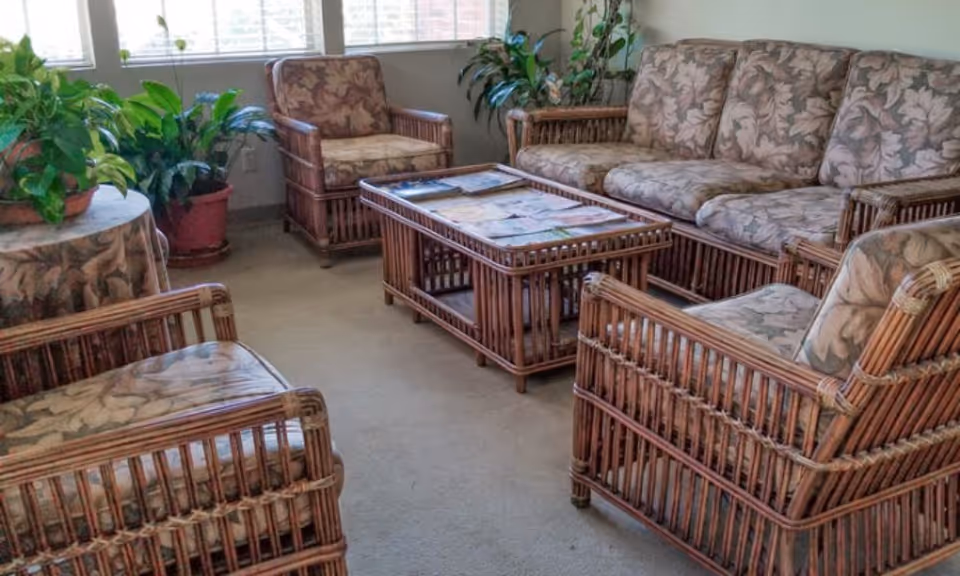 Rattan-style sofa and armchairs with floral cushions arranged around a coffee table in a sunlit sitting room with potted plants.