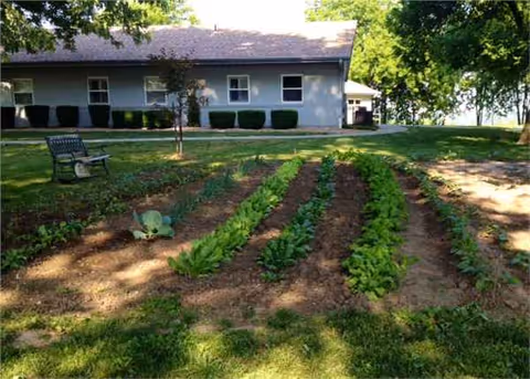 Exterior view of Carroll House with neatly planted garden beds and a bench.