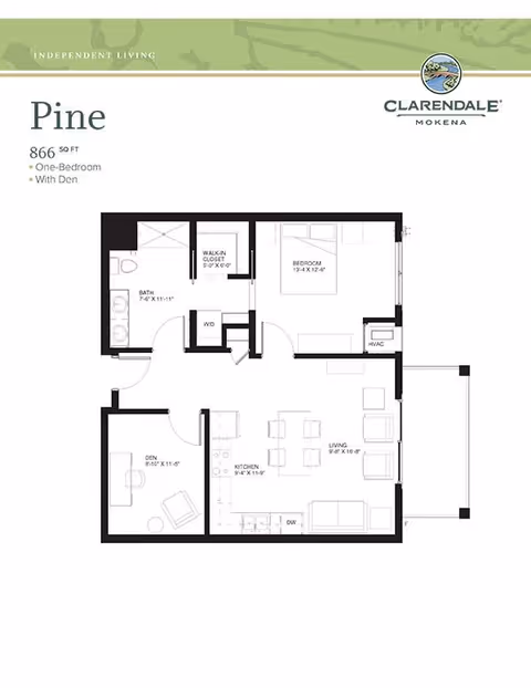Floor plan of Pine apartment at Clarendale of Mokena showing a one-bedroom layout with a den, bathroom, walk-in closet, kitchen, living room, and HVAC area. The total area is 866 square feet.