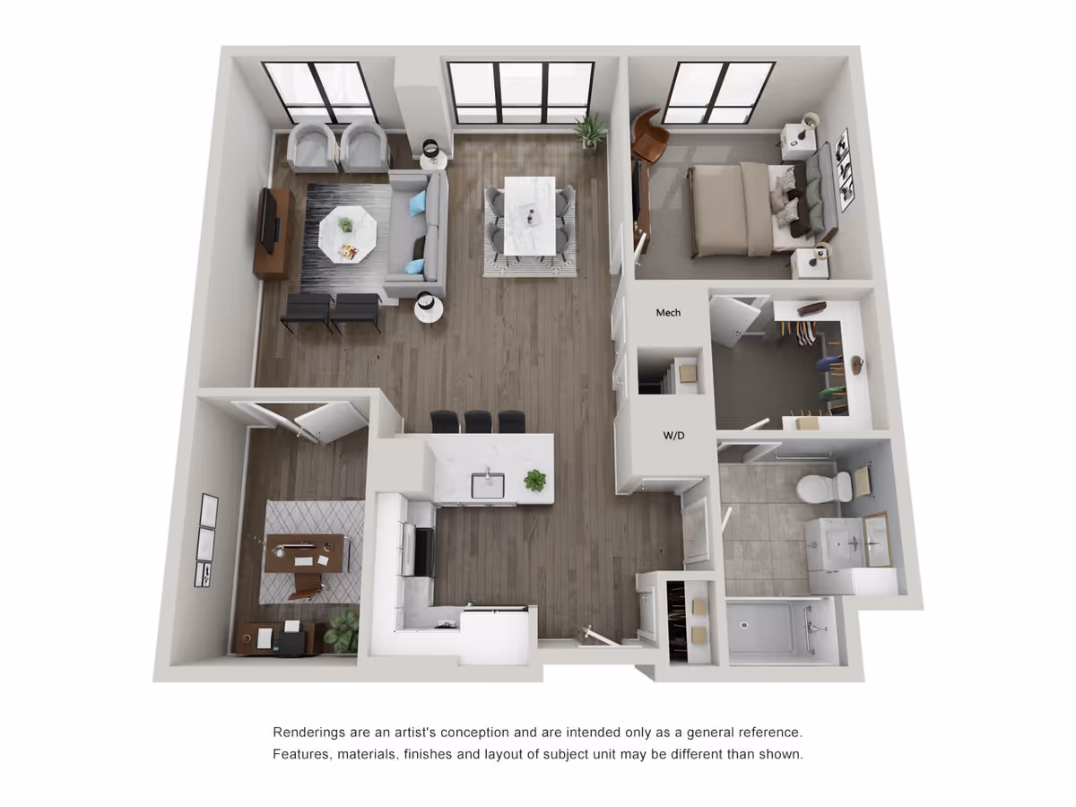 3D floor plan of an apartment unit featuring a living room with sofa, chairs, and TV, a dining area with a table and four chairs, a kitchen with an island and three bar stools, a bedroom with a bed and nightstands, a walk-in closet, a bathroom with a shower, toilet, and sink, and a small office space with a desk and chair.